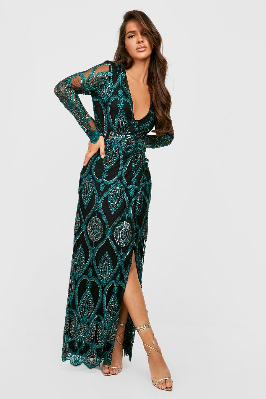 Emerald שמלת מקסי למסיבות מבד דמשק עם מחשוף