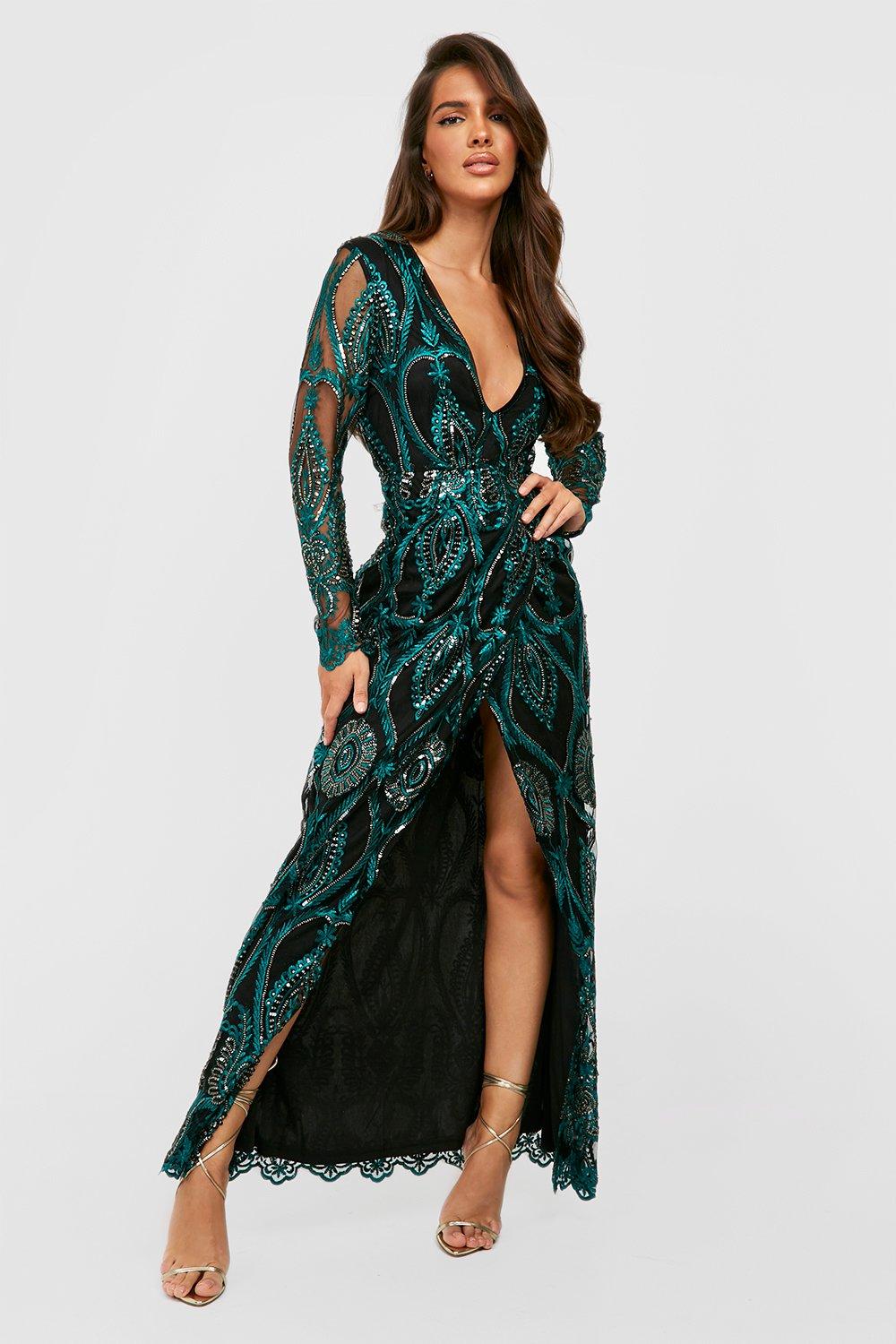 Damask Plunge Maxi Party Dress