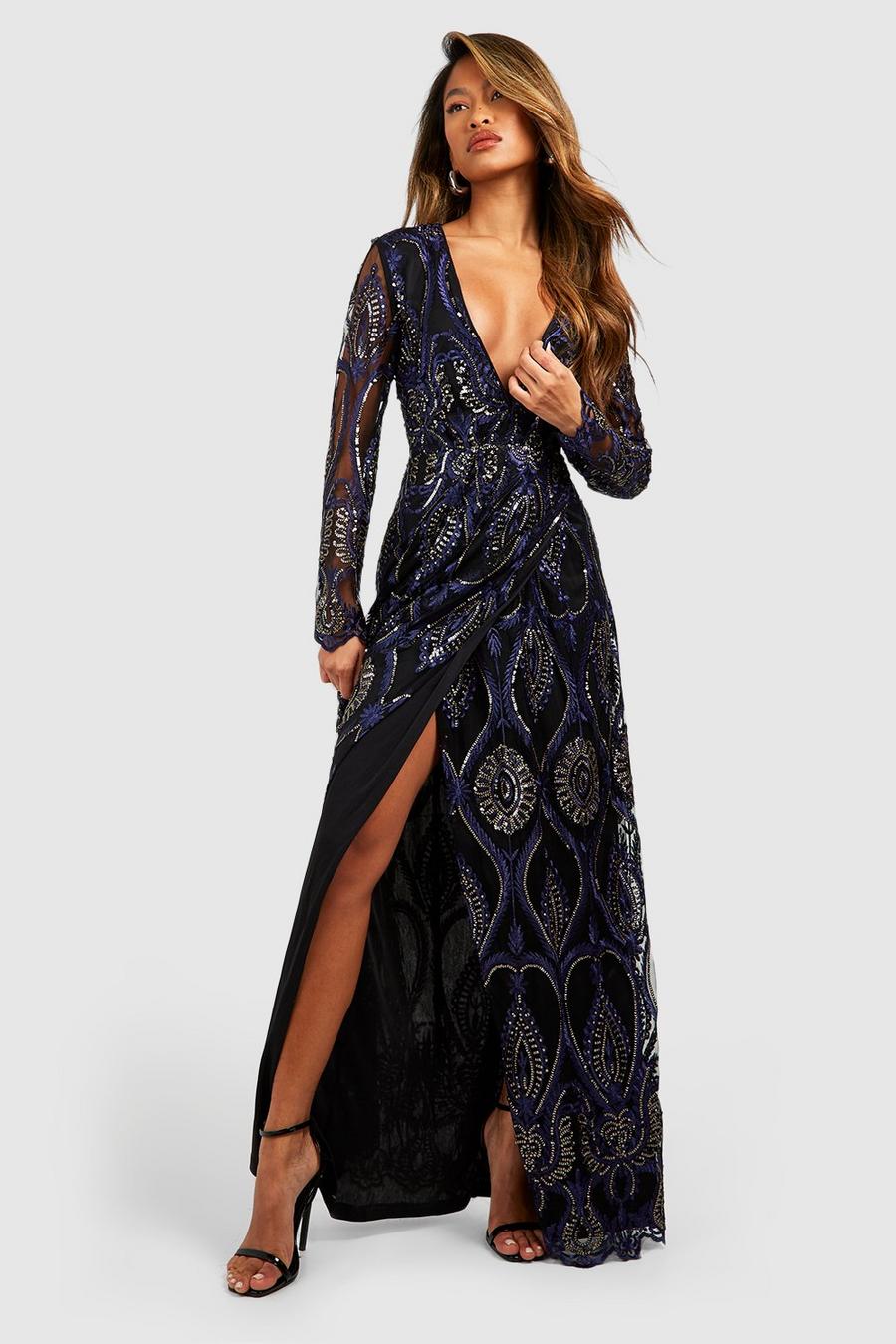 Navy Damask Plunge Maxi Party Dress