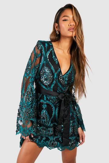 Damask Wrap Skater Party Dress emerald