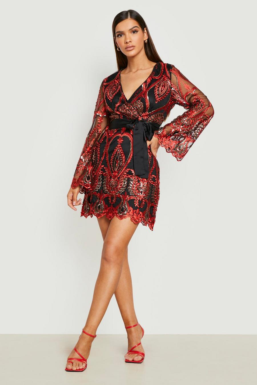 Red Damask Wrap Skater Party Dress