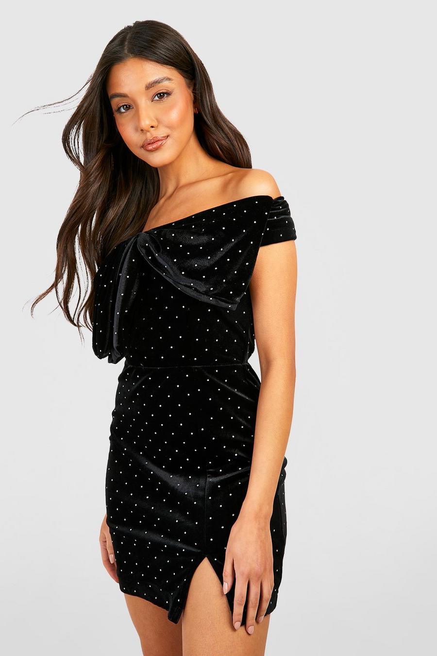 Black Velvet Diamante Bow Detail Mini Party Dress image number 1