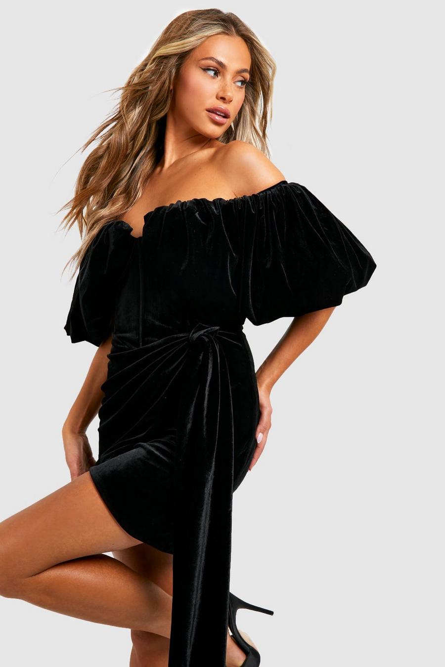 שחור שמלת מיני קטיפה חגיגית פרימיום עם אפקט וילון image number 1