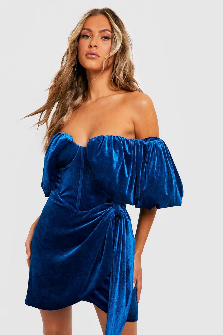 Blue Premium Velvet Draped Mini Party Dress image number 1