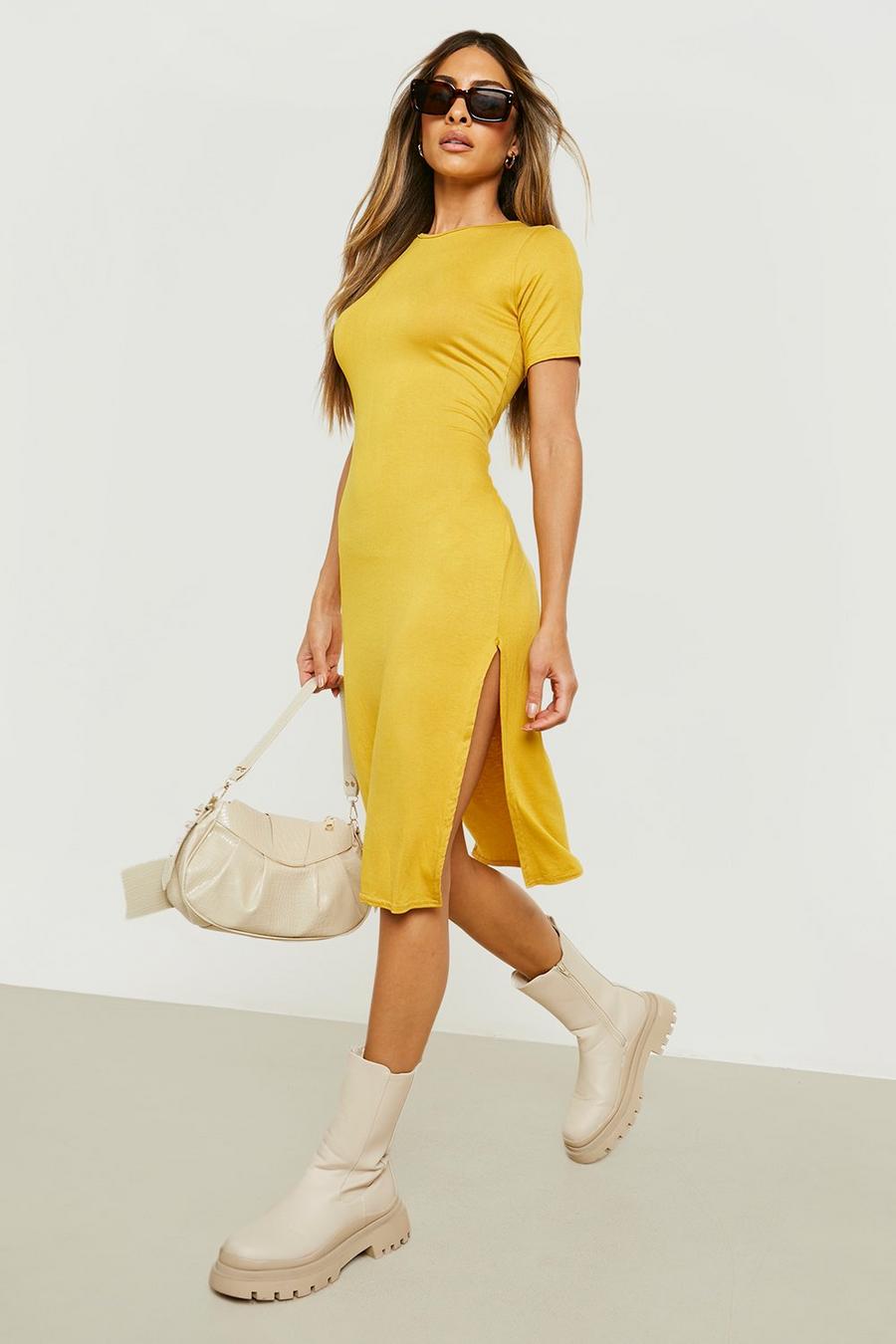 Mustard amarillo Basic Split Midi T-shirt Dress