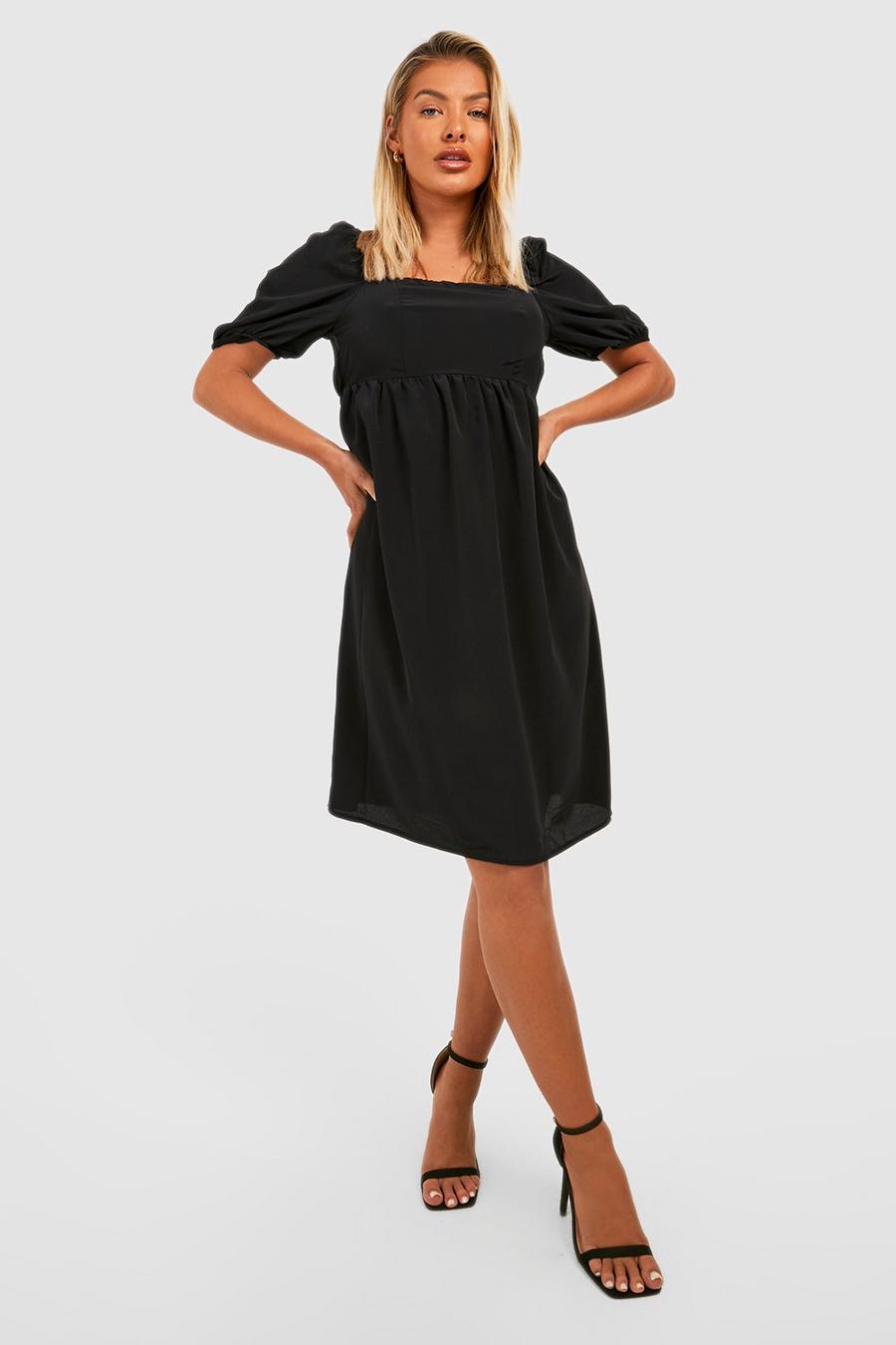 Black Puff Sleeve Ruched Skater Dress
