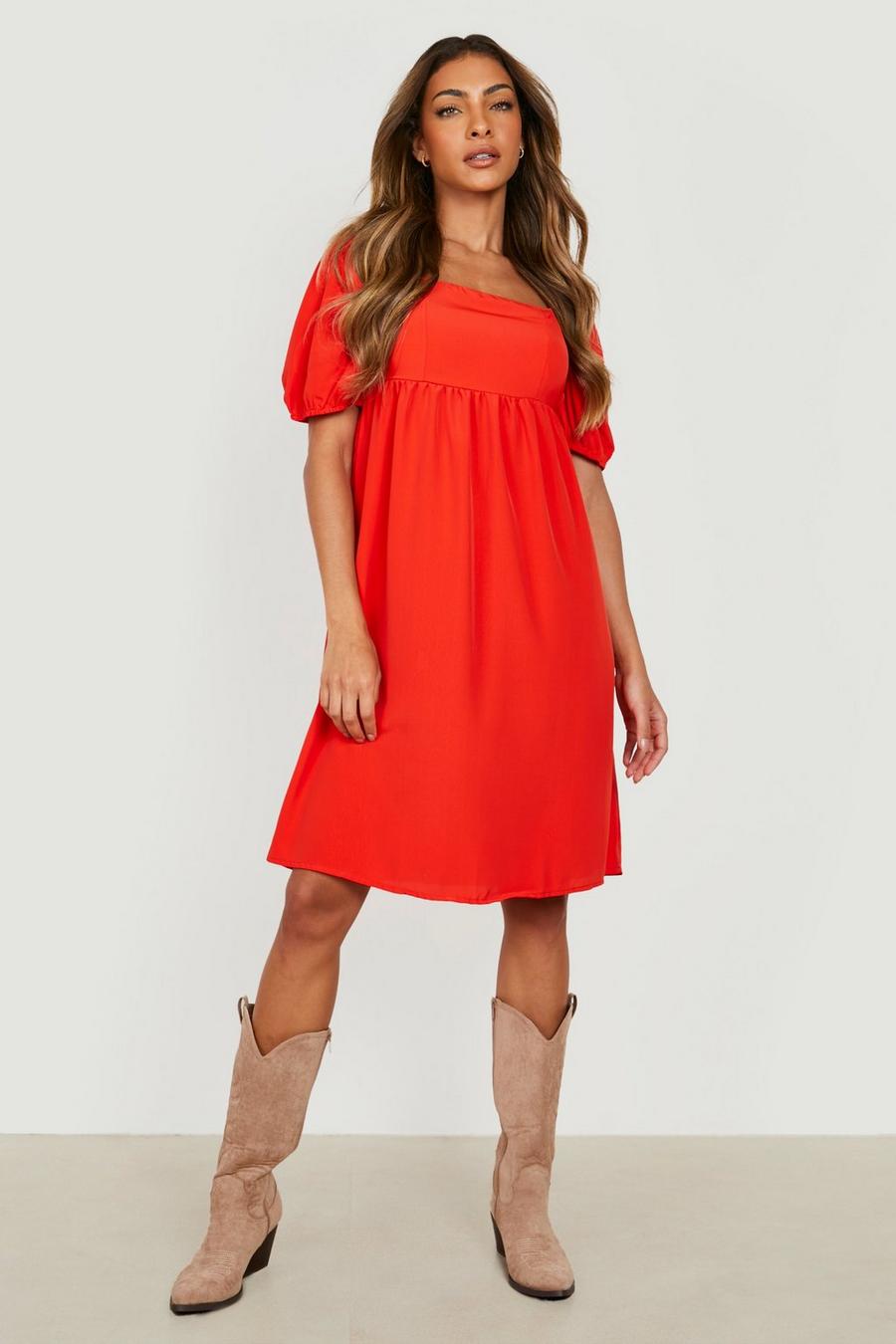 Red Puff Sleeve Ruched Skater Dress image number 1