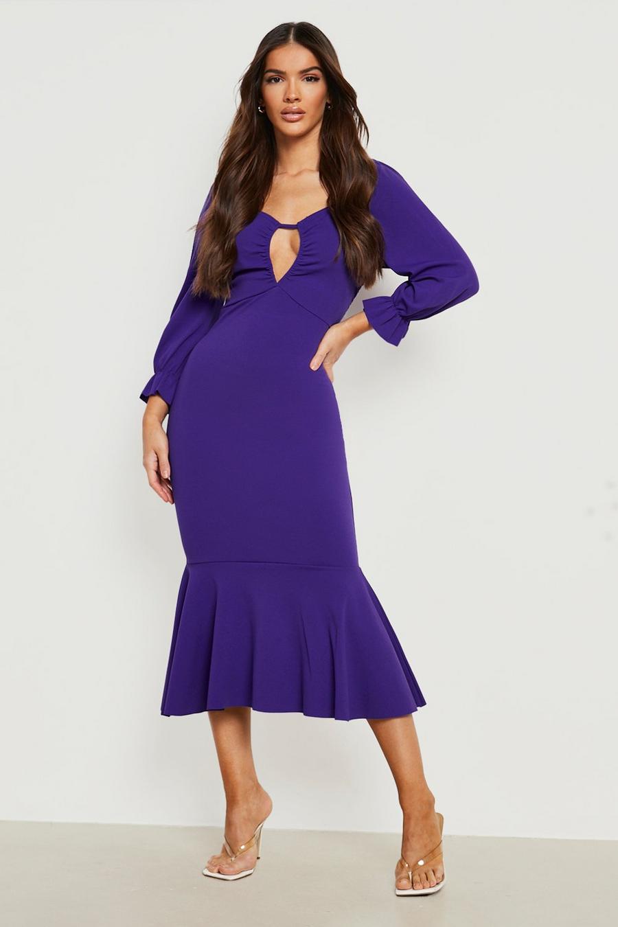 Purple Puff Sleeve Peplum Hem Midi Dress