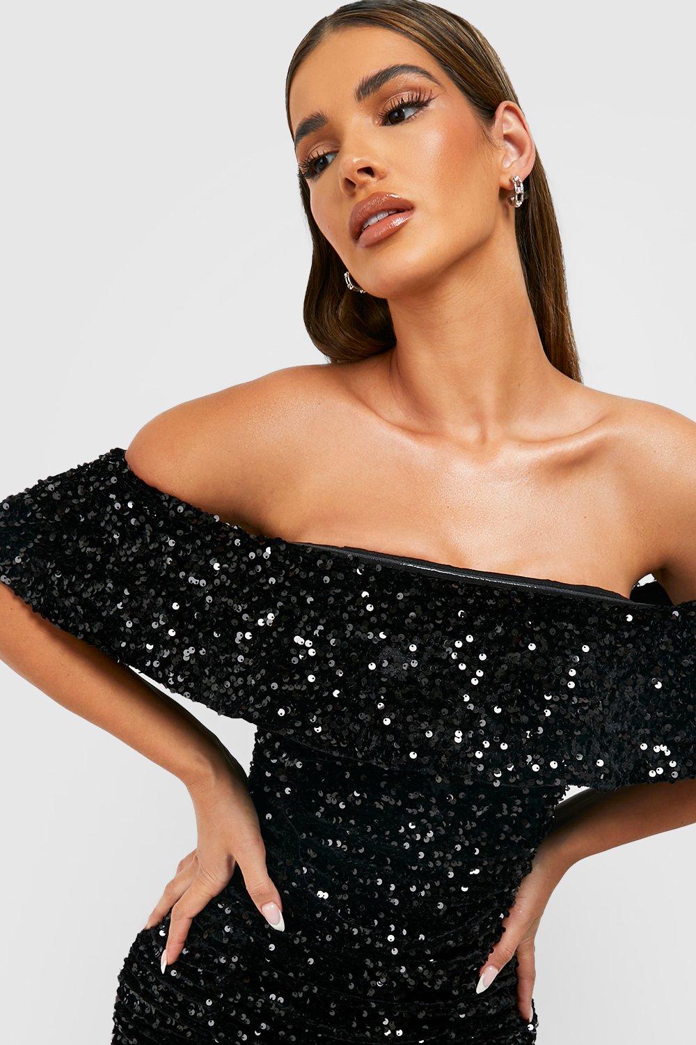 Off the shoulder outlet black sparkly dress