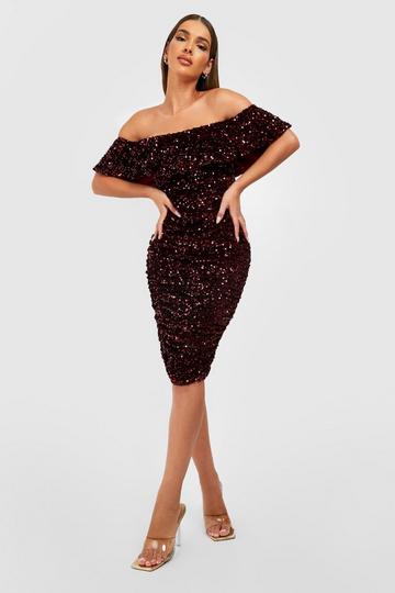 Sequin Off The Shoulder Midi Party Dress merlot