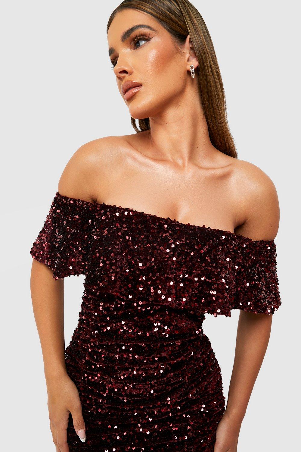 Red sequin bardot sales dress