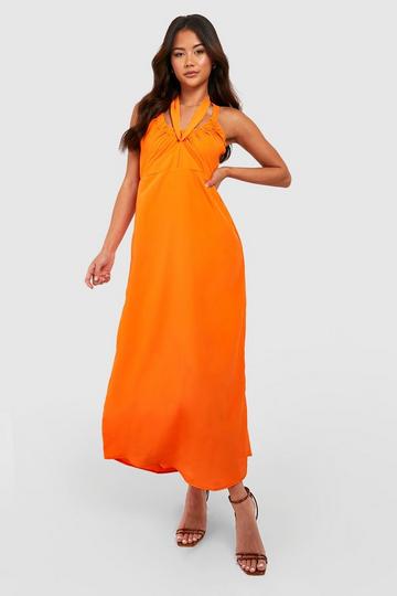 Orange Ruched Woven Midi Dress