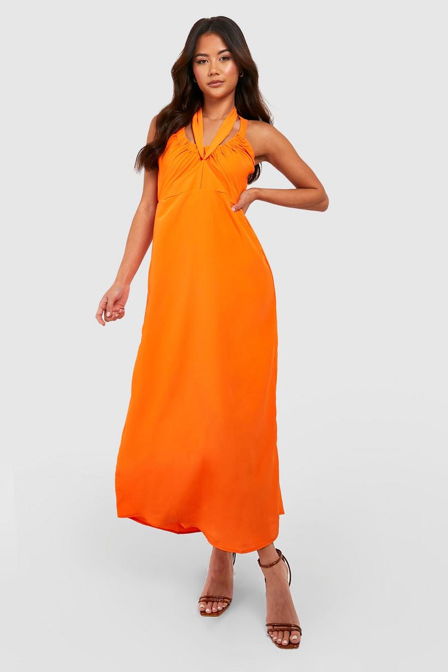 Orange Ruched Woven Midi Dress image number 1
