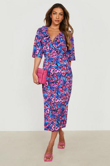 Floral Woven Ruffle Wrap Midi Dress blue