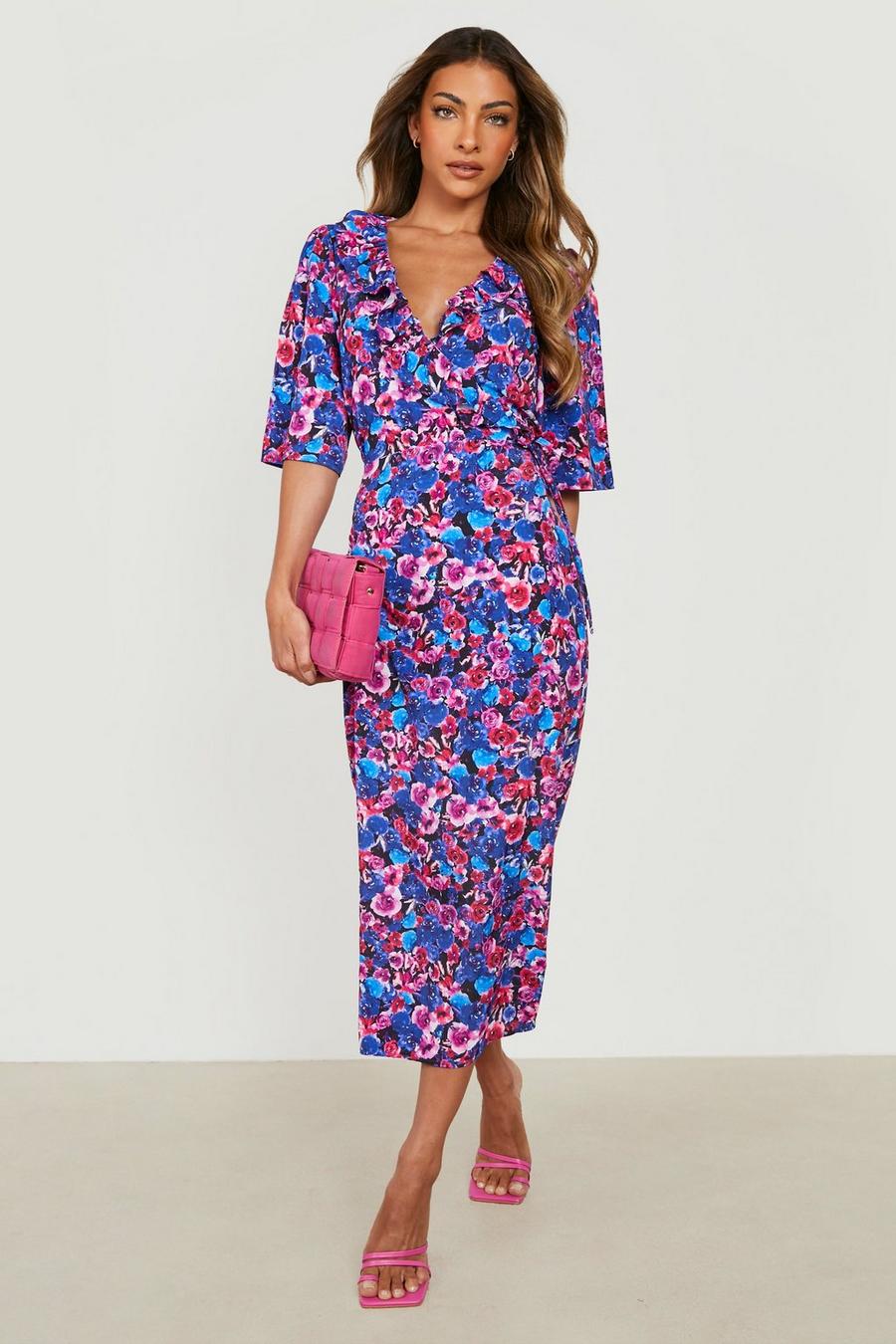 Blue Floral Woven Ruffle Wrap Midi Dress image number 1