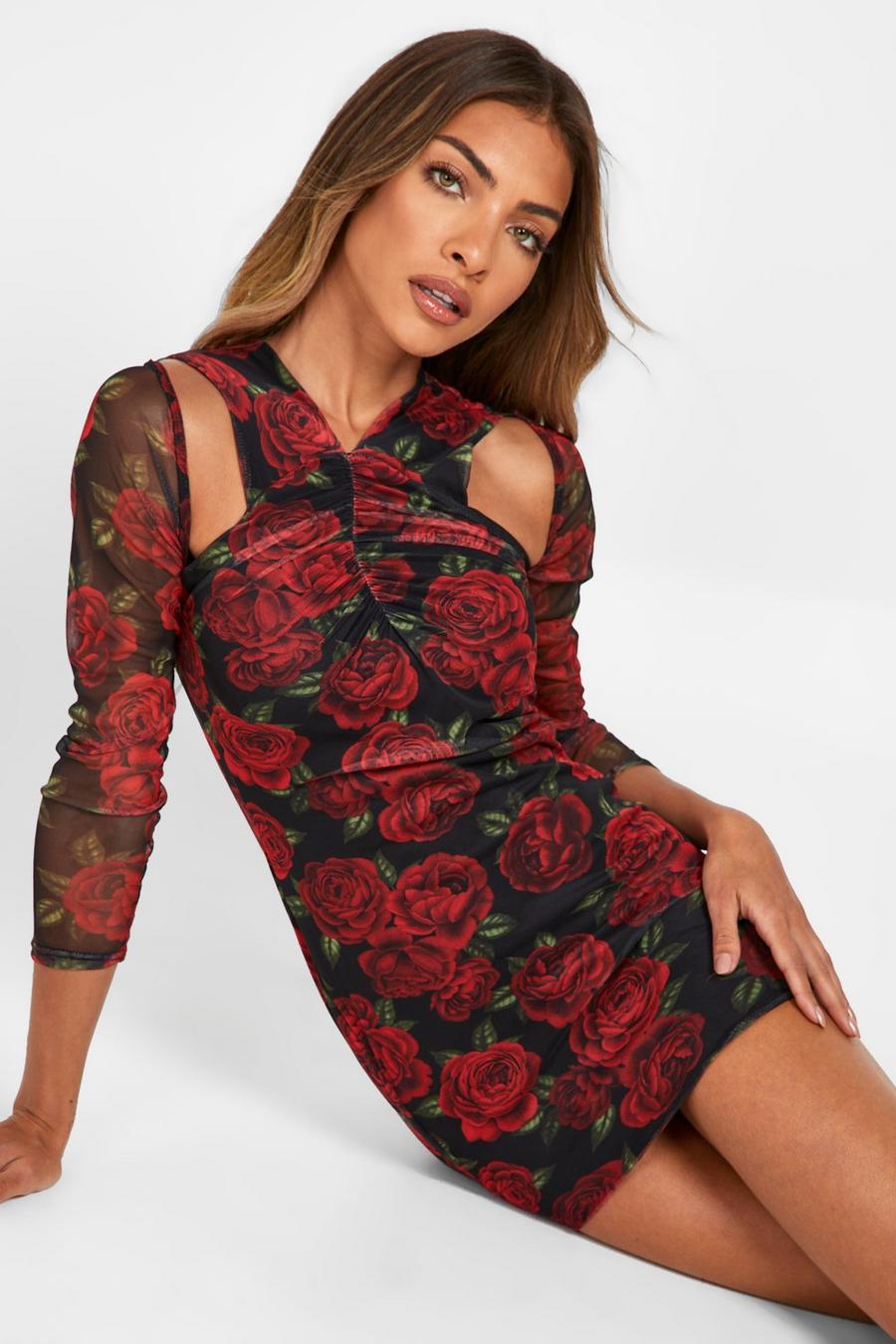 Black Floral Mesh Ruched Cut Out Midi Dress image number 1