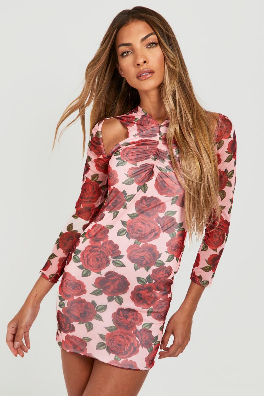 Blush rose Floral Mesh Ruched Cut Out Midi Dress