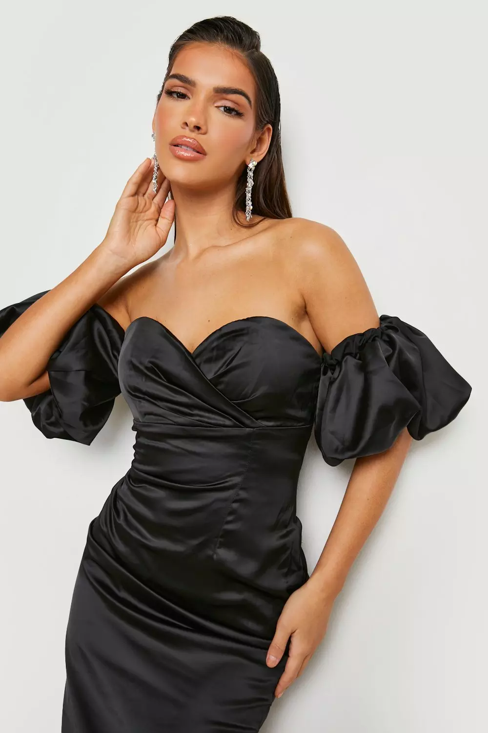 Black satin off outlet the shoulder dress