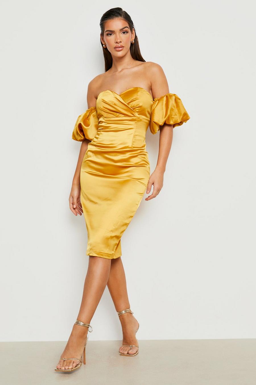 Mustard yellow Structured Satin Off The Shoulder Midi Dress