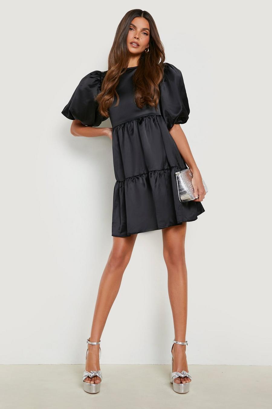 Black Structured Satin Tiered Baby Doll Dress