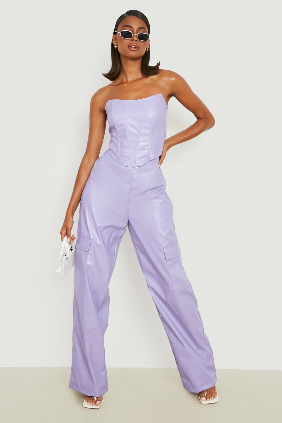 Lilac purple Leather Look Seam Detail Cargo Trousers