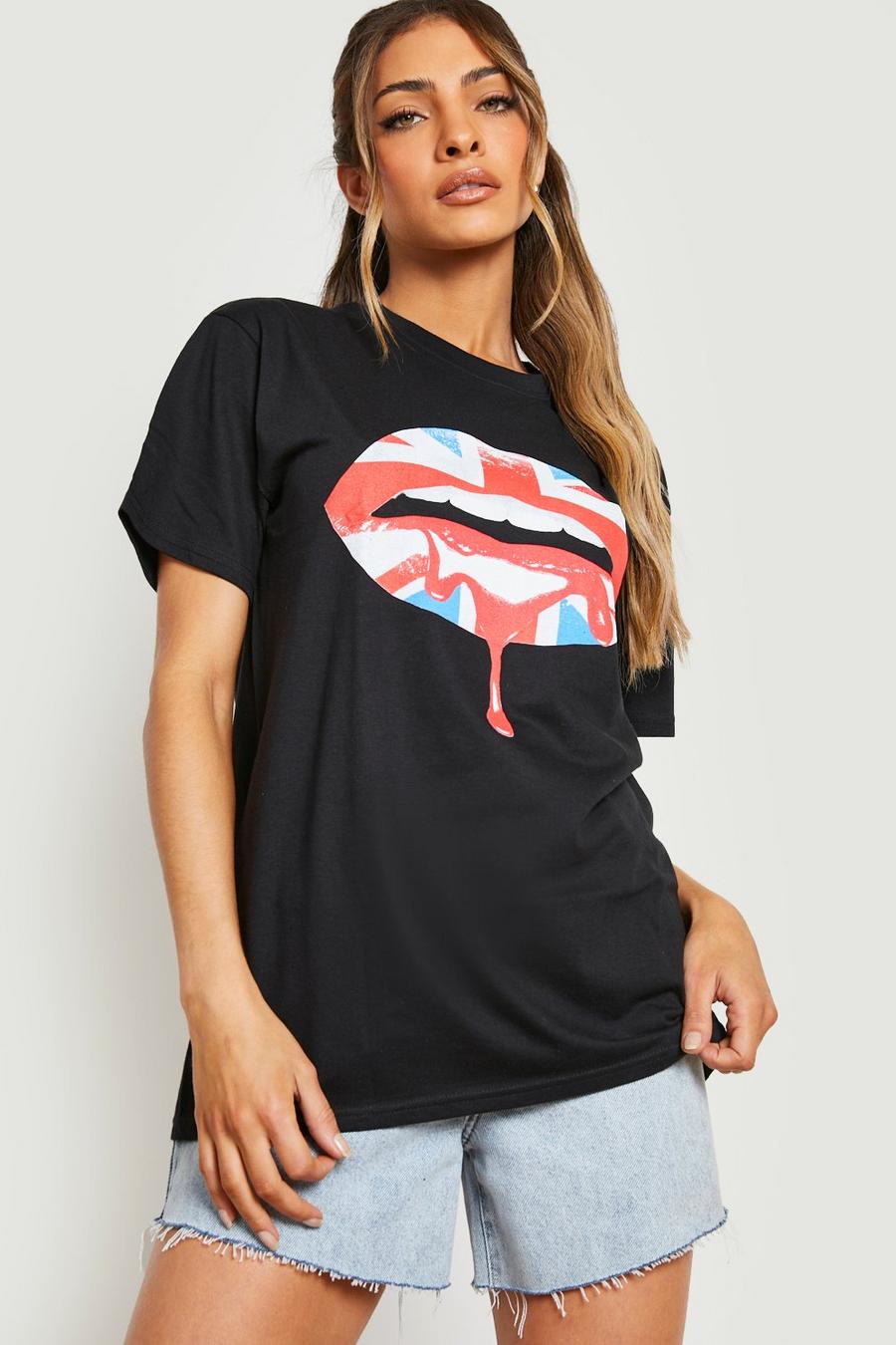Black Union Jack Lips Printed T-shirt image number 1