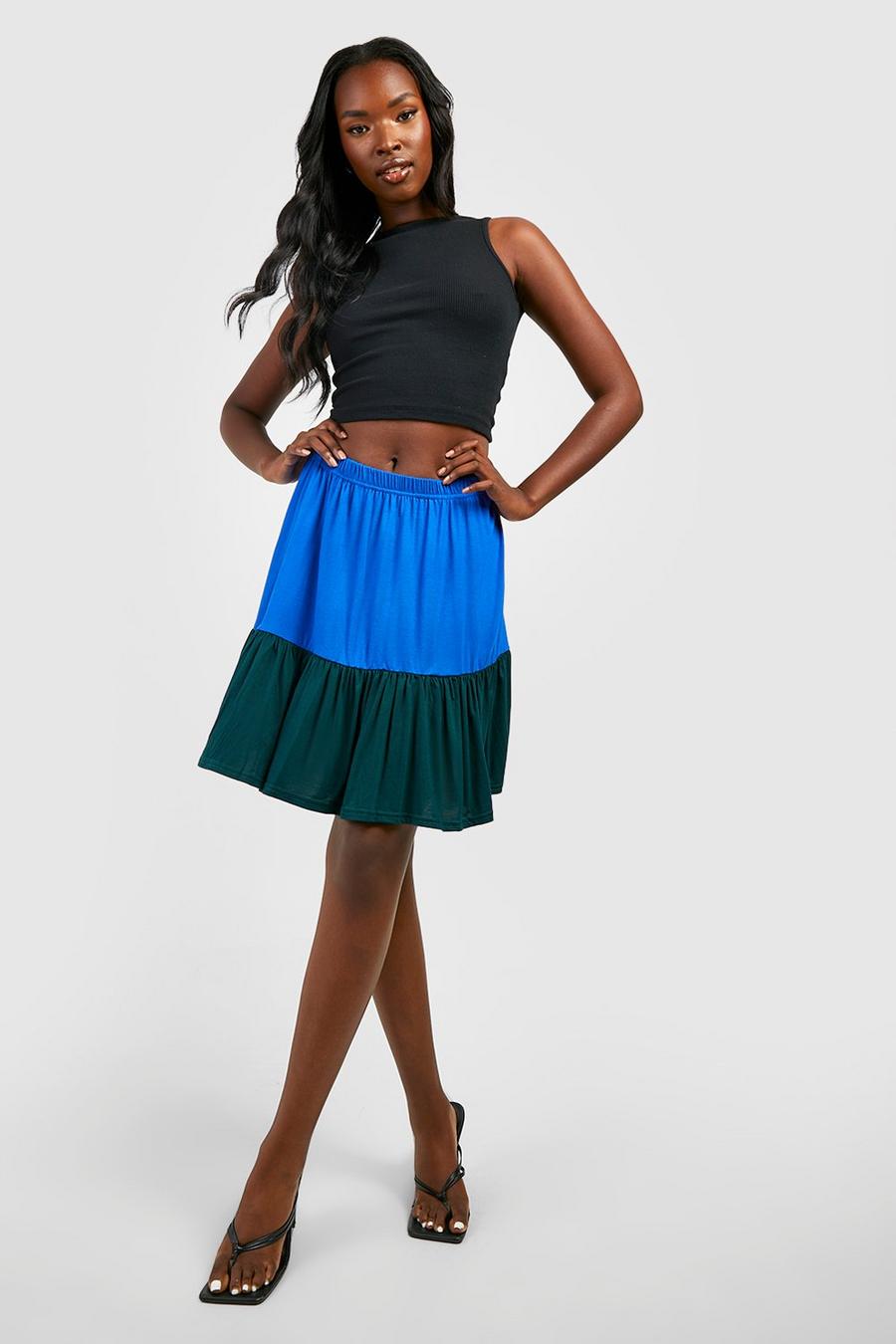 Blue Color Block Jersey Knit Tiered Skater Skirt