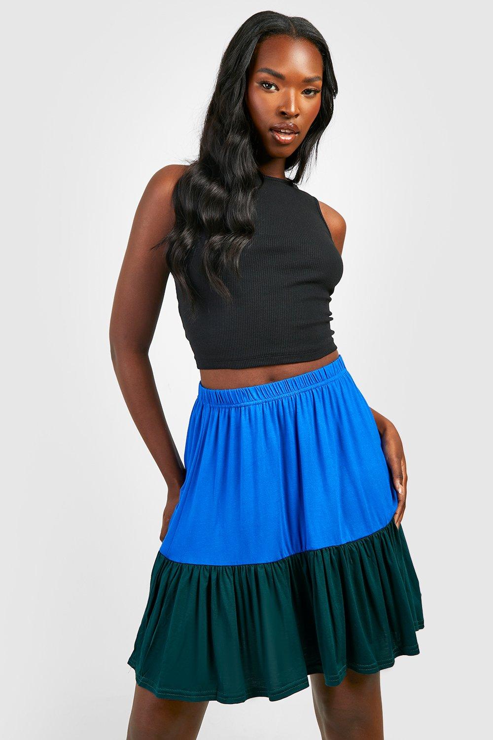 Colour Block Jersey Tiered Skater Skirt boohoo NO