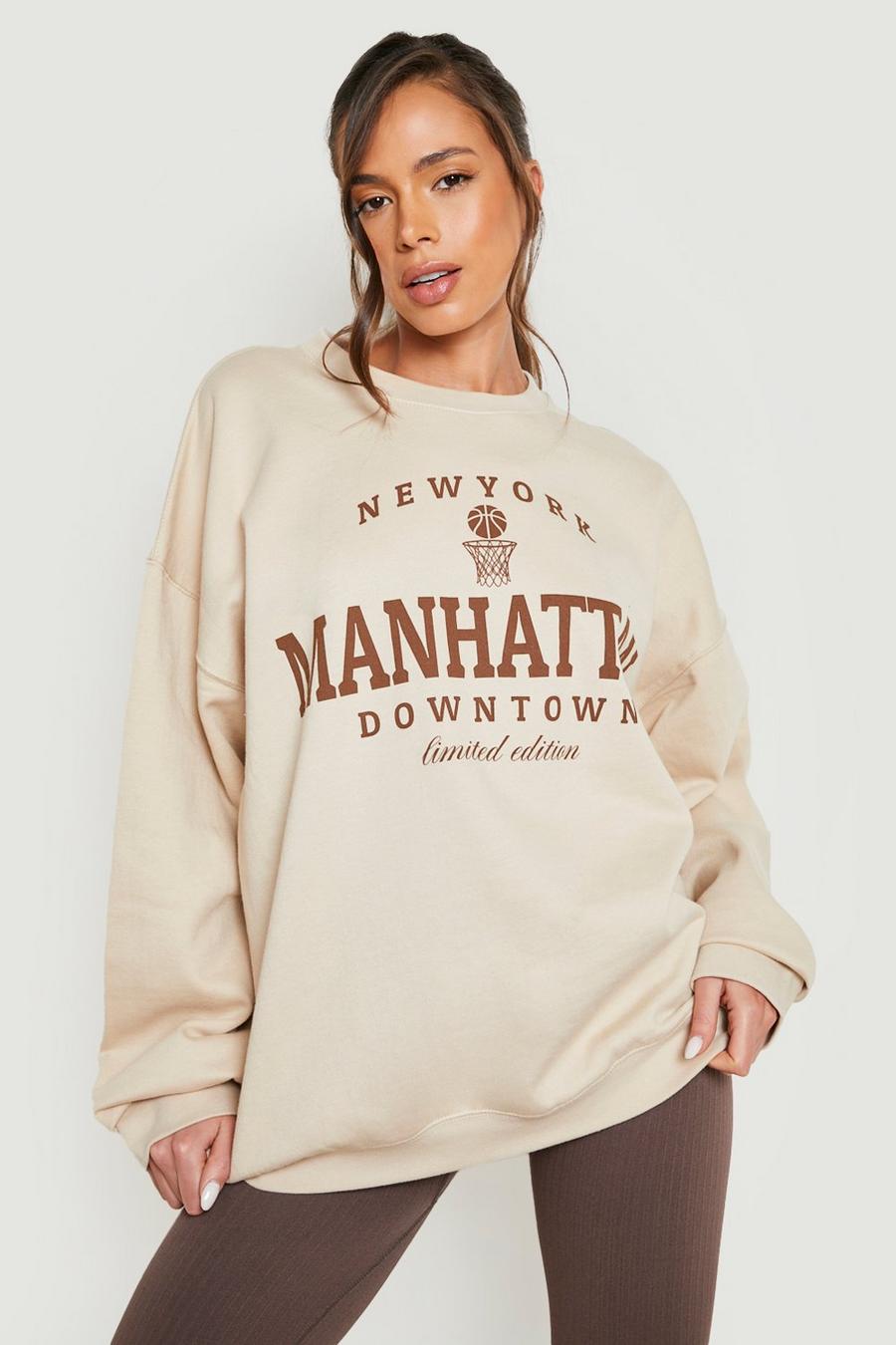 Sand Manhattan Slogan Printed Oversized Sweatshirt image number 1