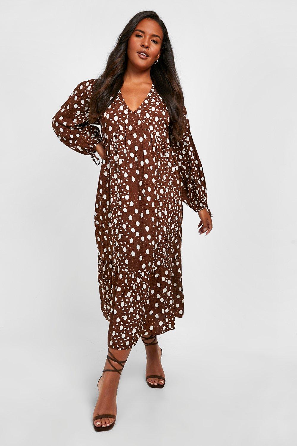 Plus Mixed Polka Woven Smock Midi Dress boohoo NZ