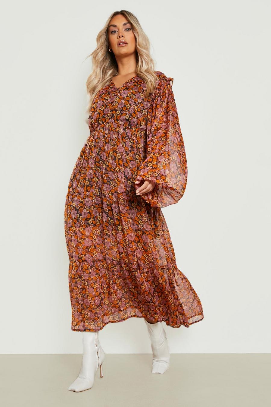 Brown Plus Chiffon Floral Maxi Dress image number 1