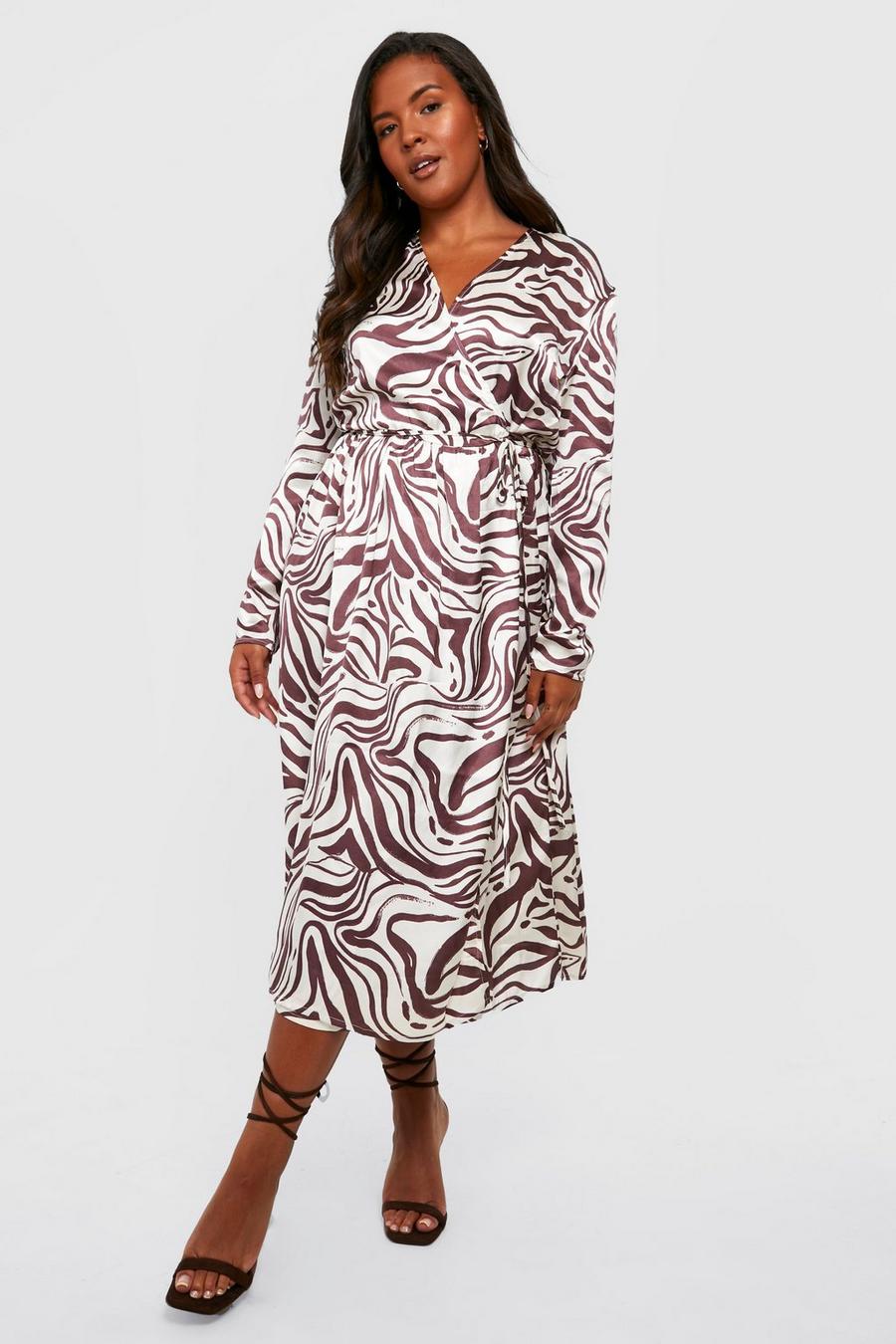 Brown Plus Zebra Satin Midi Dress