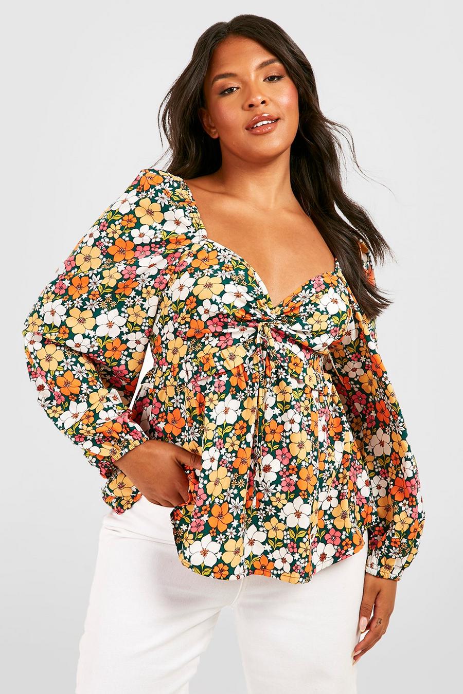 Blusa Plus holgada fruncida con estampado de flores, Multi multicolor