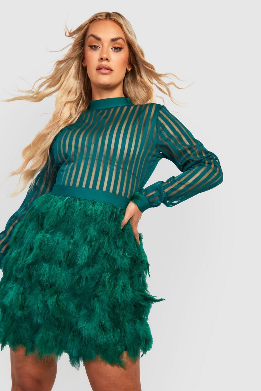 Emerald green Plus Feather Look Stripe Mesh Bodycon Dress