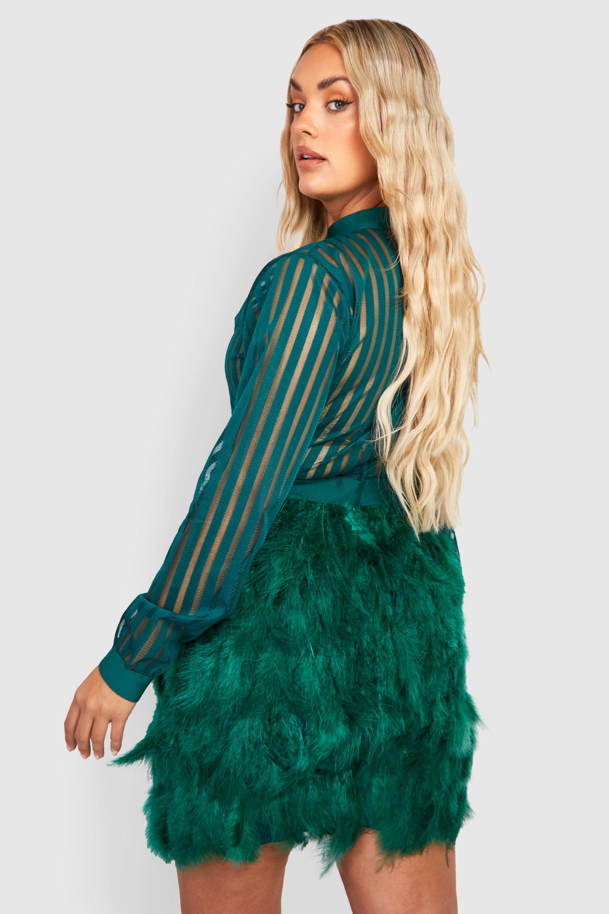 Emerald green feather skirt bodycon dress on sale