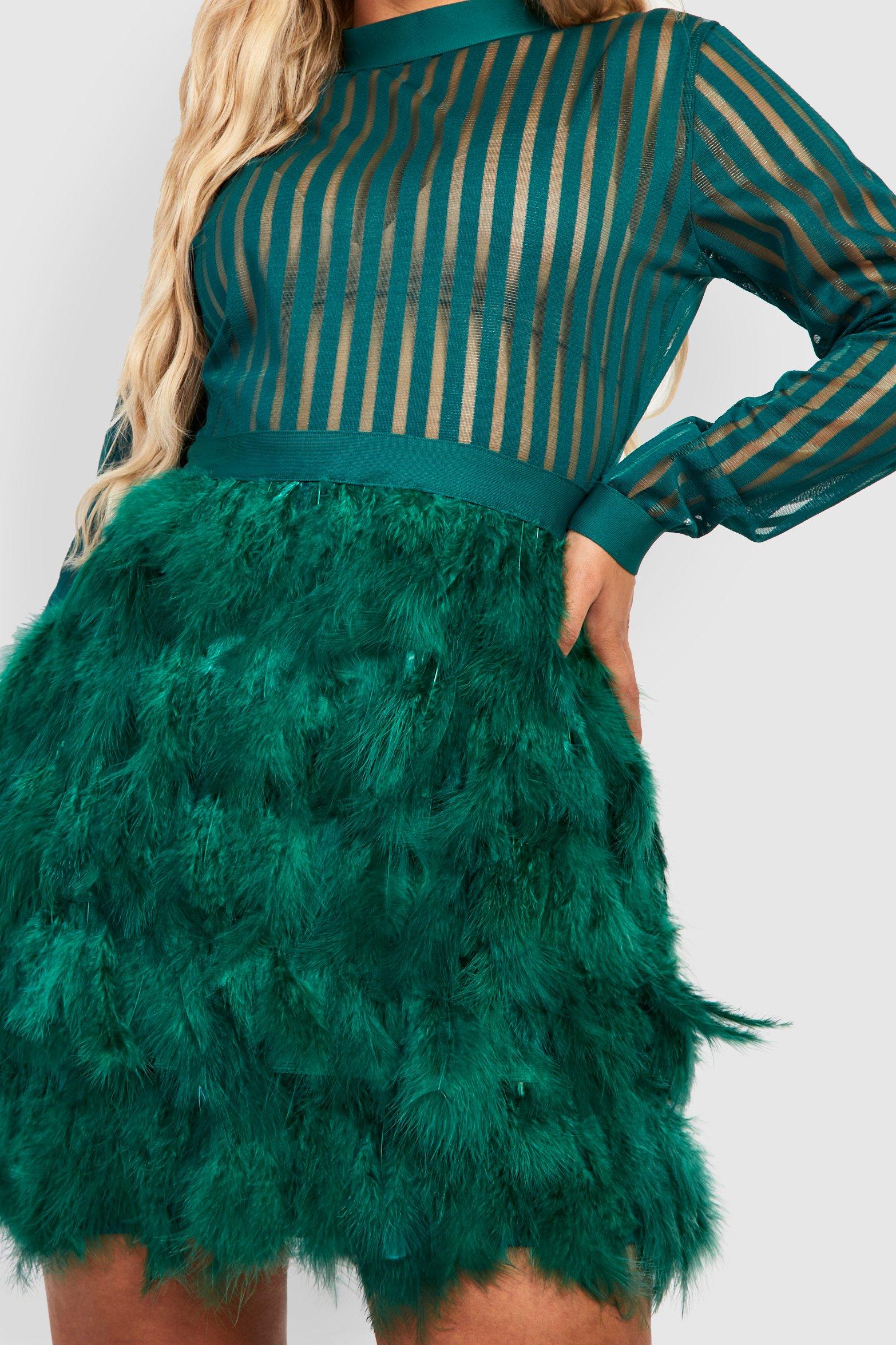 emerald green feather skirt bodycon dress