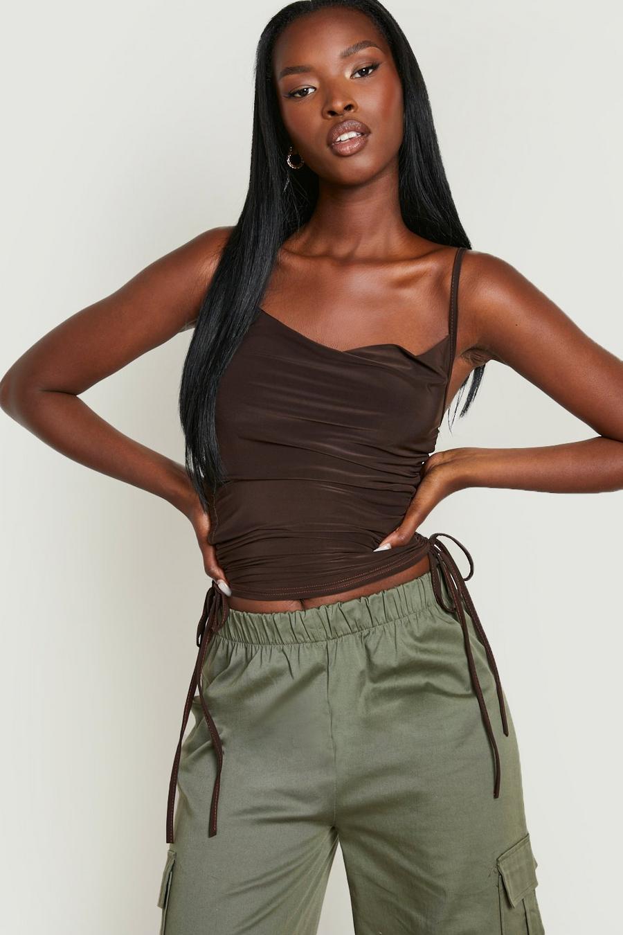 Chocolate Double Layer Slinky Cowl Ruched Cami image number 1