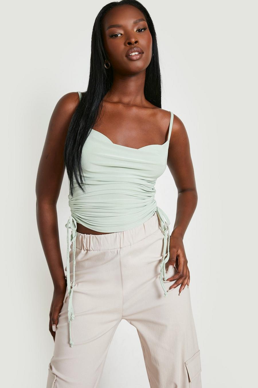 Sage vert Double Layer Slinky Cowl Ruched Cami