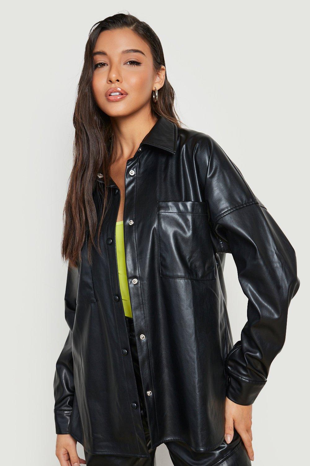 Oversized Cargo Pocket Pu Faux Leather Shirt | boohoo USA