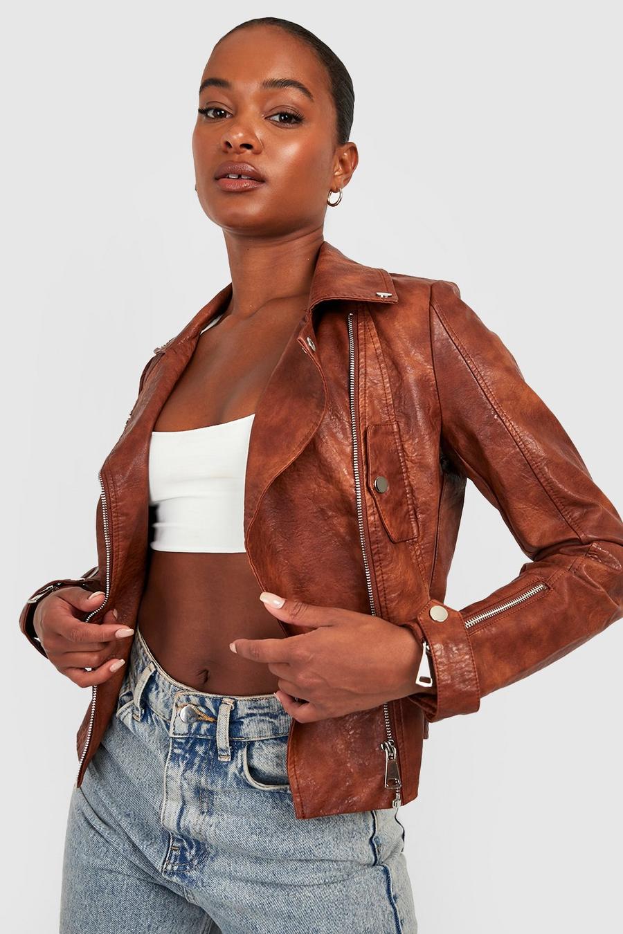 Tan Tall Belt Detail Faux Leather Moto Jacket image number 1