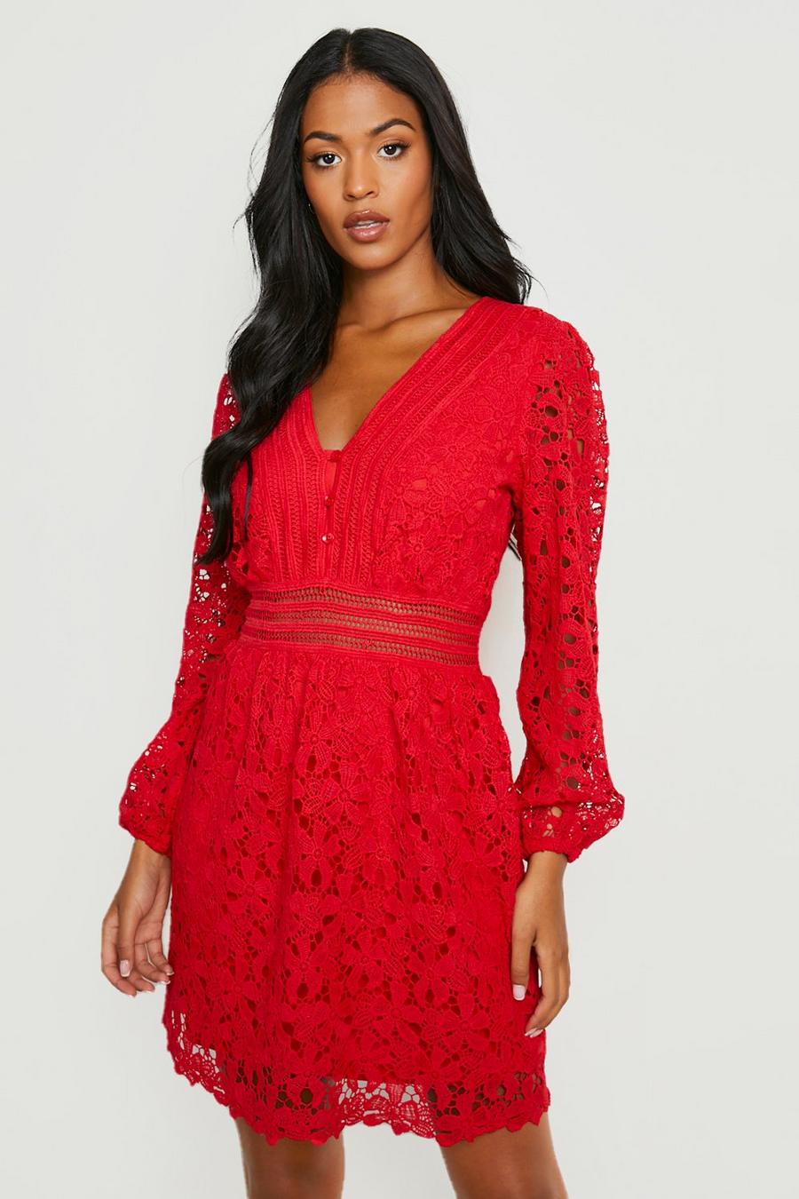 Red Tall Premium Lace Midi Skater Dress image number 1