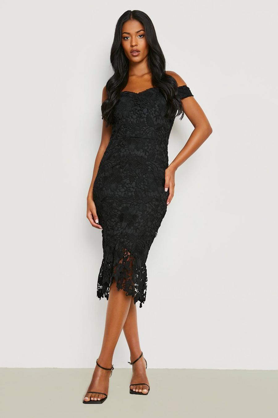 Black Tall Off The Shoulder Premium Lace Midi Dress image number 1
