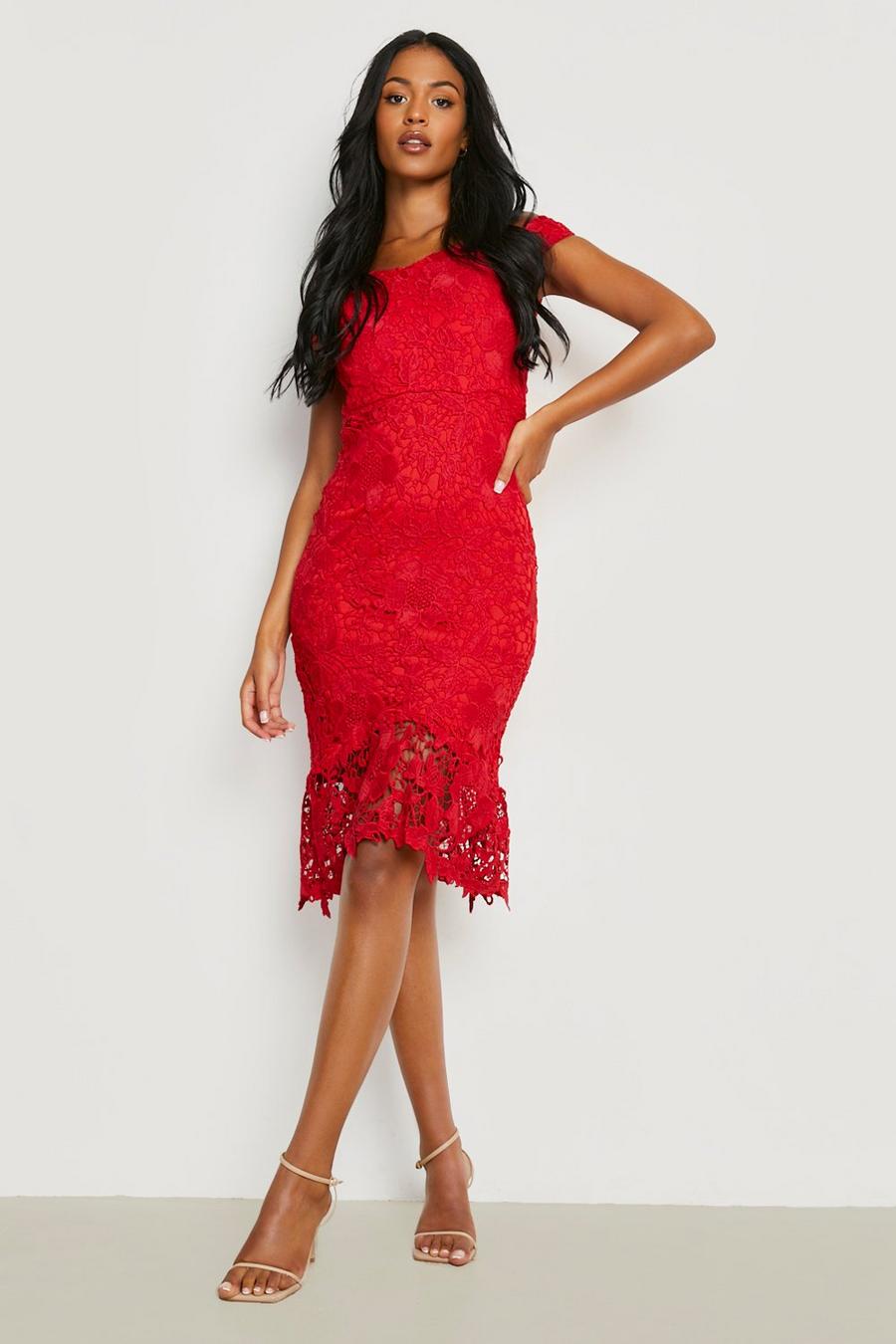 Cranberry red Tall Off The Shoulder Premium Lace Midi Dress