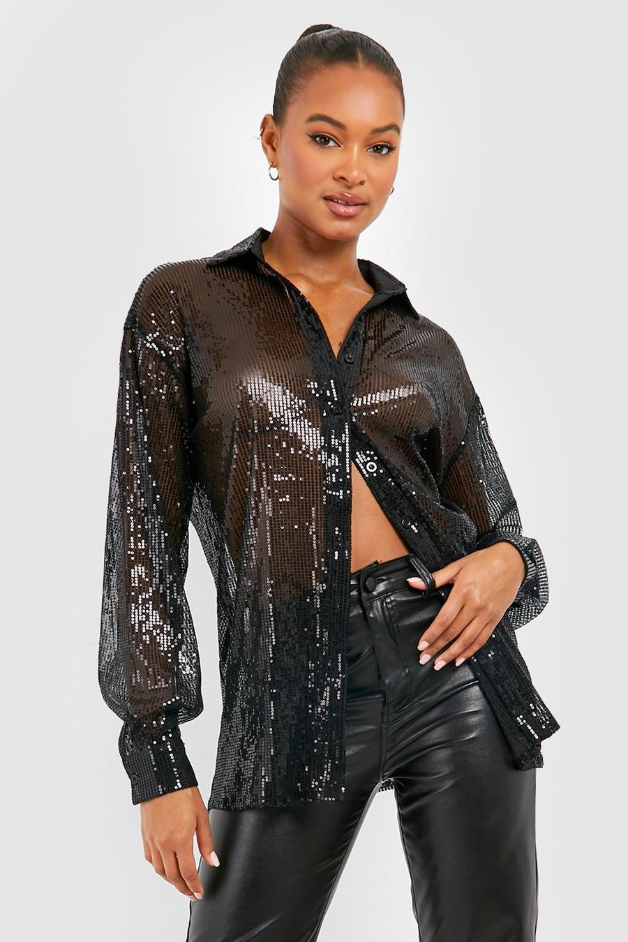 Black Tall Sequin Sheer Oversized Shirt image number 1