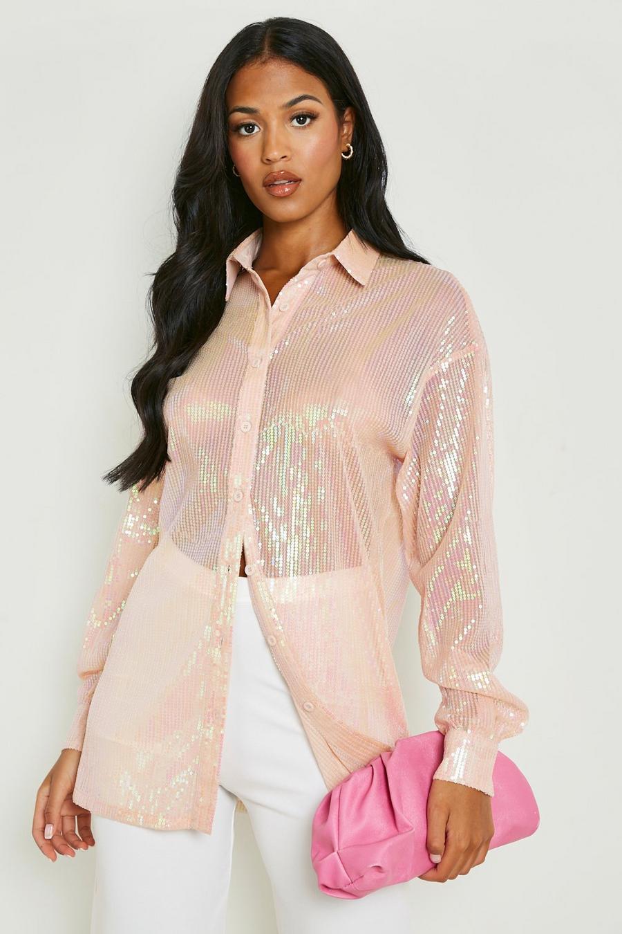 Nude Tall Sequin Sheer Oversized Shirt image number 1