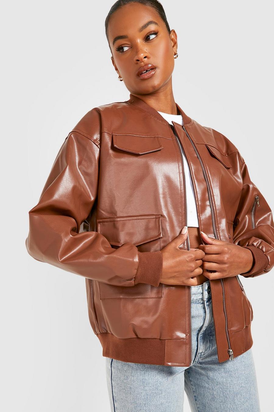 Chaqueta Tall bomber de cuero sintético, Chocolate marrón image number 1