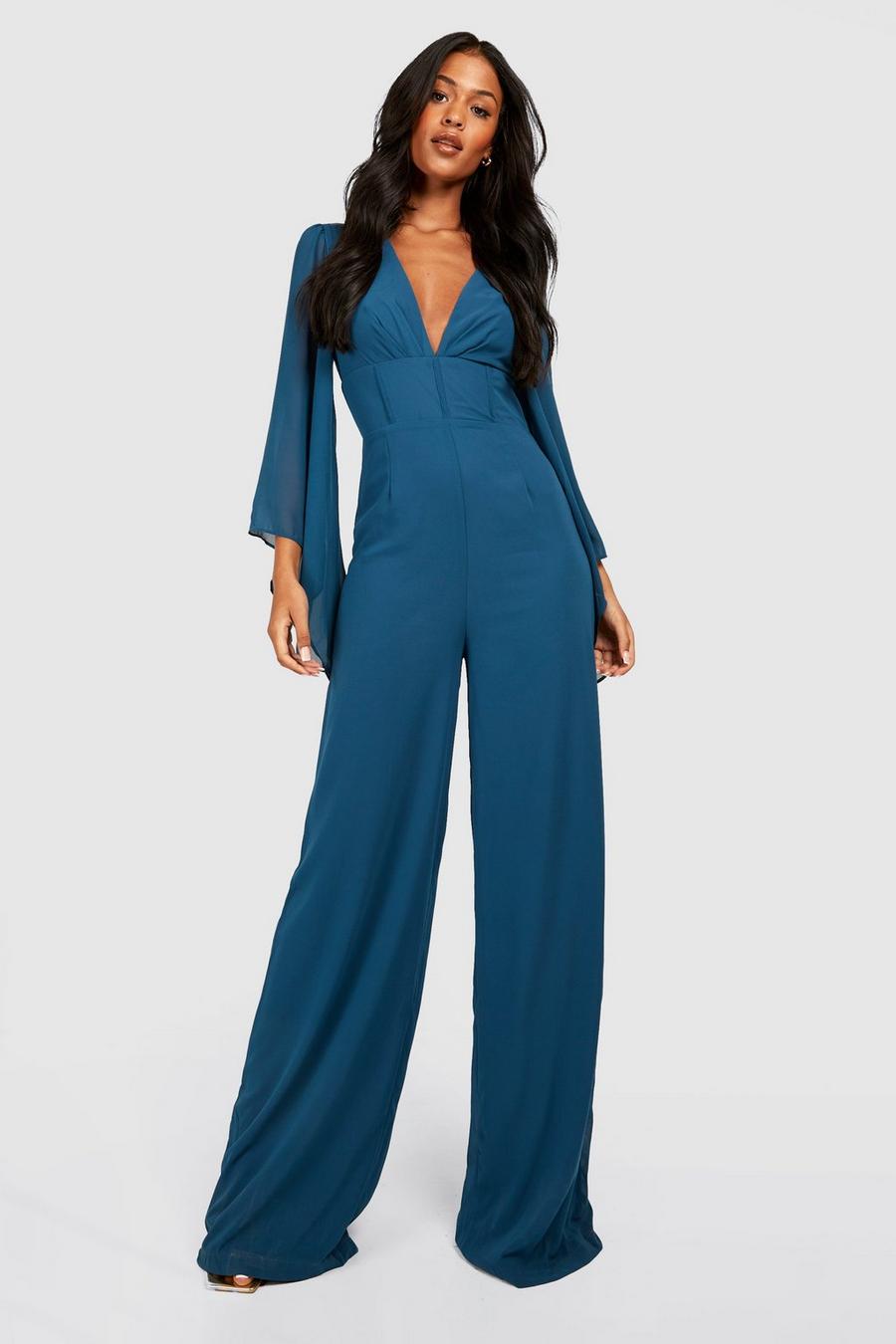 Petrol Tall Wide Sleeve Chiffon Occasion Jumpsuit image number 1