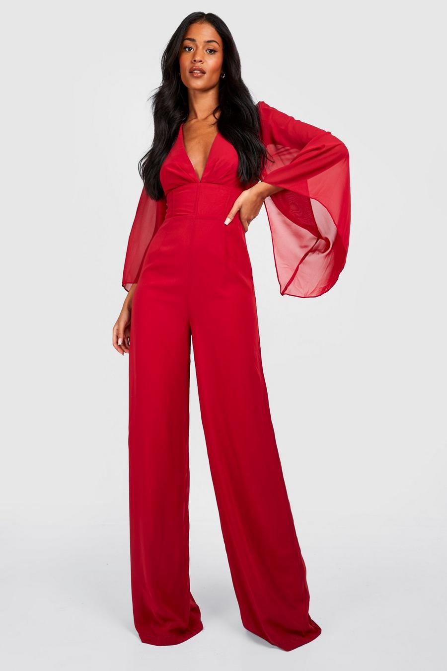 Red rosso Tall Wide Sleeve Chiffon Occasion Jumpsuit image number 1