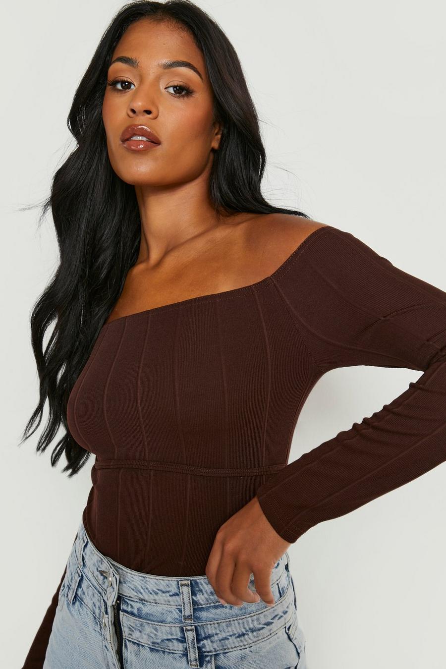 Chocolate Tall Off The Shoulder Bandage Rib Corset Top image number 1
