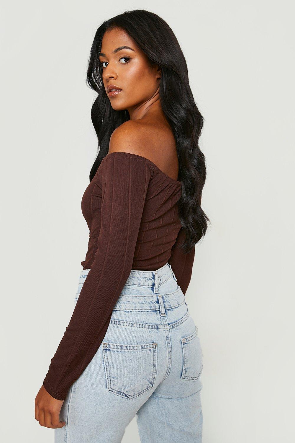 Ribbed Off Shoulder Corset Top in Brown